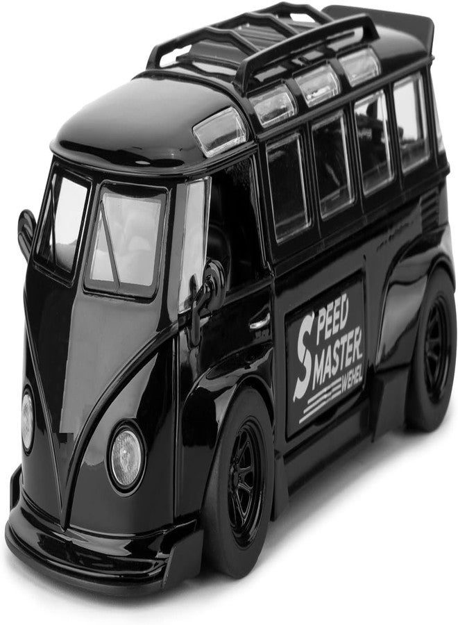 BlackZone 1/32 Compatible for Volkswagen Bus Transporter Model Car with Surfboards Convertible Camping Van, Zinc Alloy Pull Back Toy car with Sound and Light for Kids Boy Girl Gift (Black-01) - Image 1